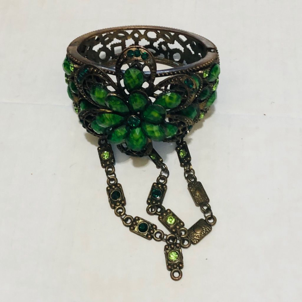 Vintage Green Flower Metal Bracelet with Chain